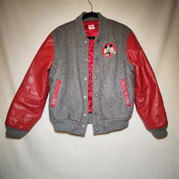 Disney Mickey Mouse Club Vintage Gray and Red Varsity Jacket Size M. Leather - Picture 2 of 6